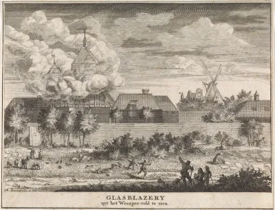 Gezicht op de glasblazerij op het Roeterseiland te Amsterdam
