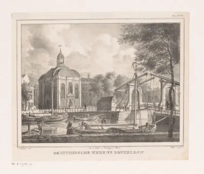 Gezicht op de gracht en de Lutherse kerk in Rotterdam