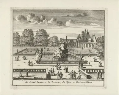 Gezicht op de Grand Jardin en de Bassin de Tibre van het paleis van Fontainebleau