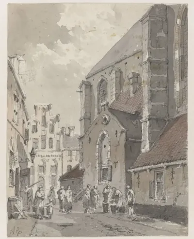 Gezicht op de Groenmarkt te Amersfoort, rechts een deel van de St. Joriskerk