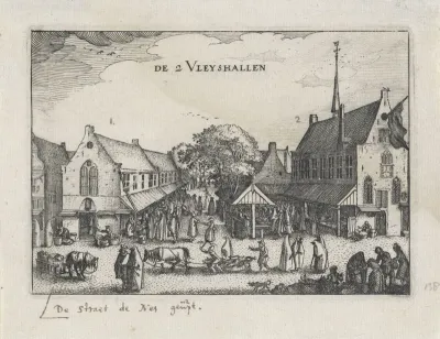 Gezicht op de Grote en Kleine Vleeshal aan de Nes te Amsterdam