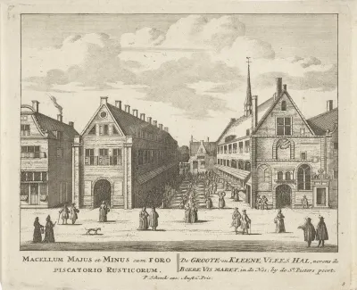 Gezicht op de Grote en Kleine Vleeshal aan de Nes te Amsterdam