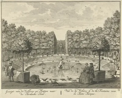 Gezicht op de grote fontein en de Turkse Tent in de tuin van Huis ter Meer te Maarssen