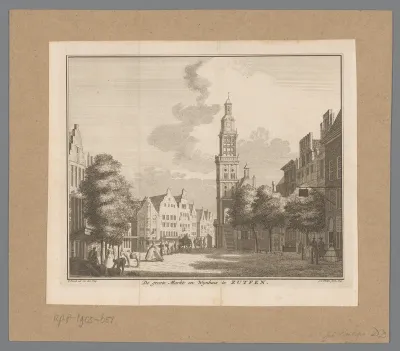Gezicht op de Grote Markt en de Wijnhuistoren te Zutphen, 1729
