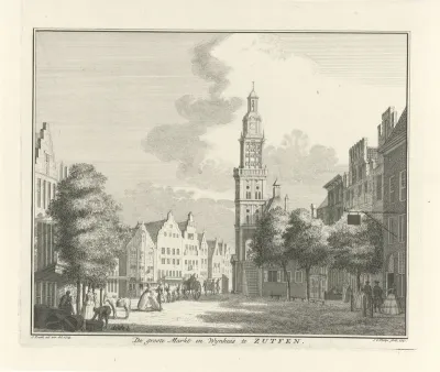 Gezicht op de Grote Markt en de Wijnhuistoren te Zutphen