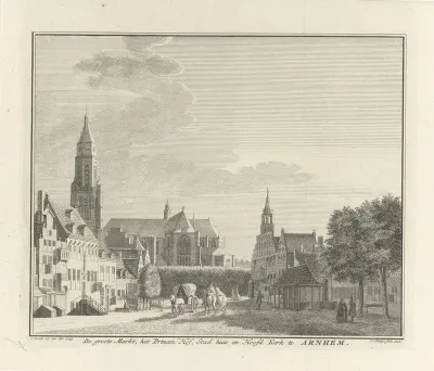 Gezicht op de Grote Markt, het Prinsenhof, het oude stadhuis en de Eusebiuskerk te Arnhem