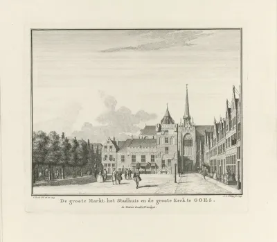 Gezicht op de Grote Markt, het stadhuis en de Grote Kerk te Goes, 1743