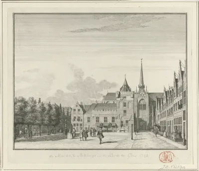 Gezicht op de Grote Markt, het stadhuis en de Grote Kerk te Goes, 1743