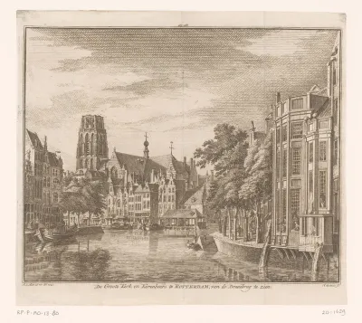 Gezicht op de Grote of Sint-Laurenskerk en de Korenbeurs te Rotterdam, 1744