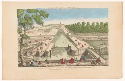 Gezicht op de grote sluis en het Pavillon de Manse te Chantilly