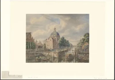 Gezicht op de Haarlemse Sluis en de Ronde Lutherse Kerk aan het Singel