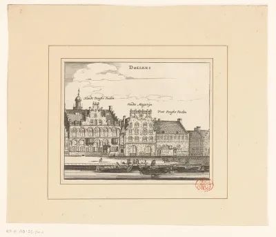 Gezicht op de Handboogdoelen, het Stadsmagazijn (Bushuis) en de Voetboogdoelen te Amsterdam