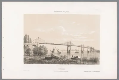 Gezicht op de hangbrug over de Dordogne te Cubzac-les-Ponts