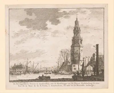 Gezicht op de Haringpakkerstoren en de Nieuwe Stadsherberg in Amsterdam
