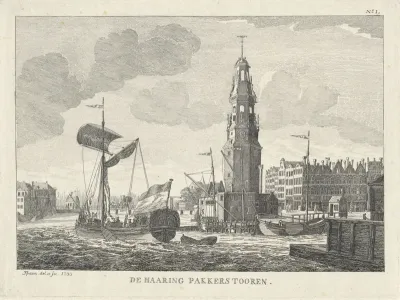 Gezicht op de Haringpakkerstoren te Amsterdam