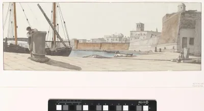 Gezicht op de haven van Bari met geplaveide kade