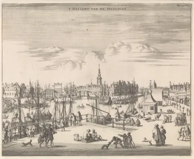 Gezicht op de haven van en de stad Middelburg