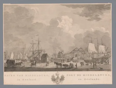 Gezicht op de haven van Middelburg vanaf het land