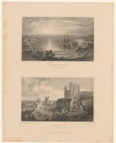 Gezicht op de haven van Milford en voorstelling van een landschap met ruïnes bij Newport
