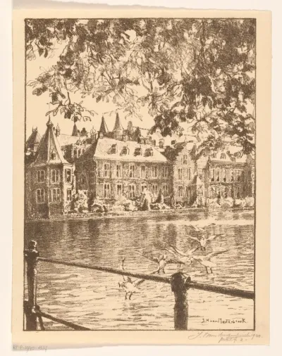 Gezicht op de Hofvijver en het Binnenhof in Den Haag