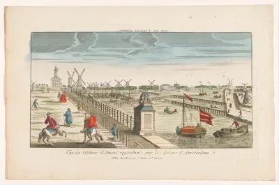 Gezicht op de Hogesluis naar de Buiten-Amstel, de Amsteldijk en de molens aan de Zaagmolensloot te Amsterdam