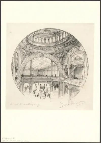 Gezicht op de hoofdingang en de koepel van het hoofdgebouw van de Wereldtentoonstelling voor het Hotel- en Reiswezen in 1895