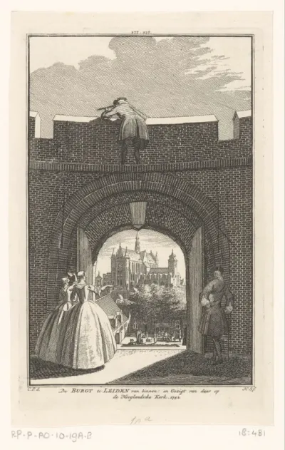 Gezicht op de Hooglandse kerk vanaf de burcht te Leiden, 1742