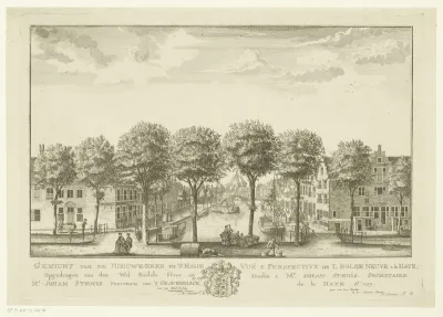 Gezicht op de Hout- en Turfmarkt te Den Haag, met in de verte de Nieuwe Kerk
