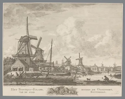 Gezicht op de houtmolens aan het Bosland buiten de Oostpoort in Rotterdam