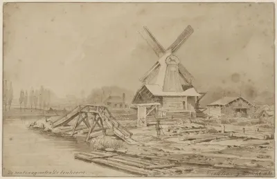 Gezicht op de houtzaagmolen De Eenhoorn bij Utrecht