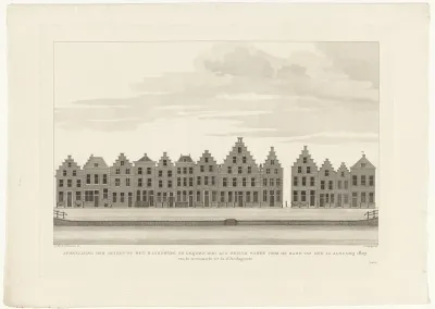 Gezicht op de huizen aan het Rapenburg te Leiden, van de Groenmarkt (of Garenmarkt) tot de Sint Jacobsgracht, voorafgaand aan de ramp van Leiden, 1807