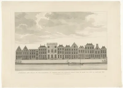 Gezicht op de huizen aan het Rapenburg te Leiden, van de Koepoortsgracht tot de Sint Jacobsgracht, voorafgaand aan de ramp van Leiden, 1807