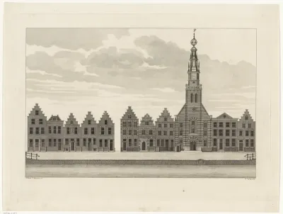 Gezicht op de huizen aan het Rapenburg te Leiden, van de Langebrug tot de Groenebrug, voorafgaand aan de ramp van Leiden, 1807