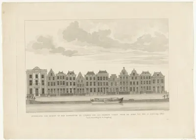 Gezicht op de huizen aan het Rapenburg te Leiden, van de Nieuwsteeg tot de Langebrug, voorafgaand aan de ramp van Leiden, 1807