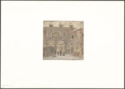 Gezicht op de ingang van de Beurs van Hendrik de Keyser