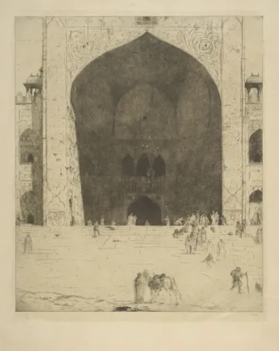 Gezicht op de ingang van de Jama Masjid in Delhi