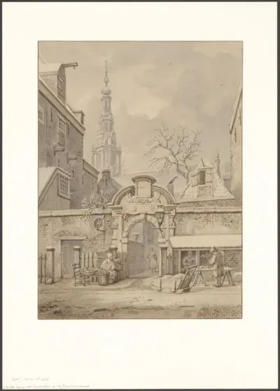Gezicht op de ingang van de Zuiderkerk aan de Jodenbreestraat