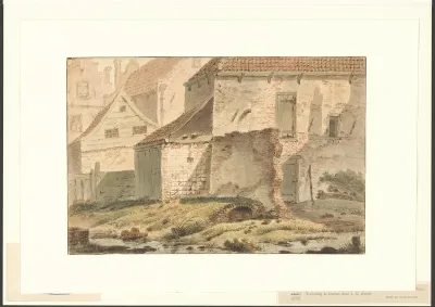 Gezicht op de ingestorte huizen in de Leidsestraat in 1808