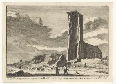 Gezicht op de ingestorte toren en herberg te Egmond aan Zee, 1741