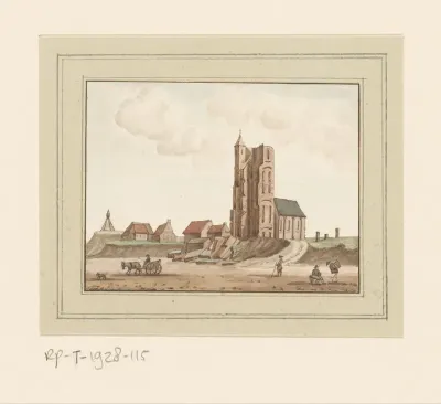 Gezicht op de ingestorte toren te Egmond aan Zee