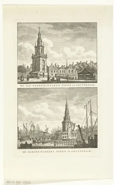 Gezicht op de Jan Roodenpoortstoren en Haringpakkerstoren te Amsterdam