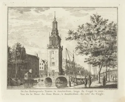 Gezicht op de Jan Roodenpoortstoren te Amsterdam vanaf het Singel