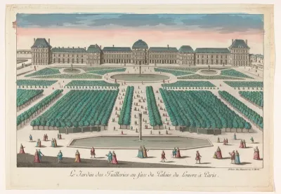 Gezicht op de Jardin des Tuileries te Parijs gezien richting het Palais du Louvre