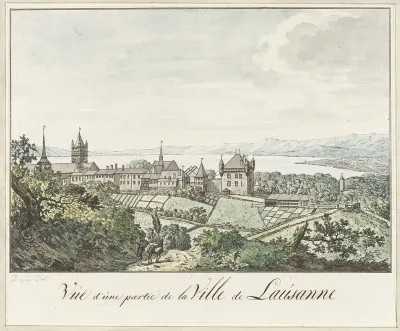 Gezicht op de kathedraal van Lausanne en het meer van Geneve