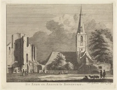 Gezicht op de kerk en abdij te Rijnsburg