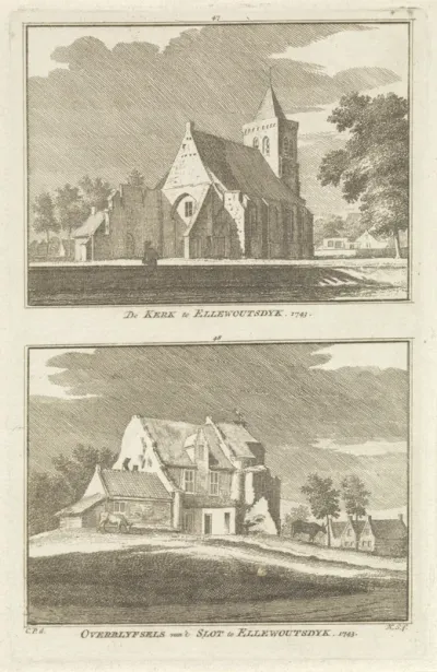 Gezicht op de kerk en de ruïne van het slot te Ellewoutsdijk, Borsele