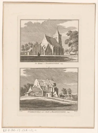 Gezicht op de kerk en gezicht op de overblijfsels van het slot te Ellewoutsdijk, 1743