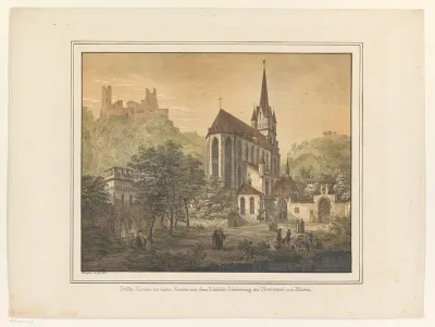 Gezicht op de kerk en het kasteel te Oberwesel