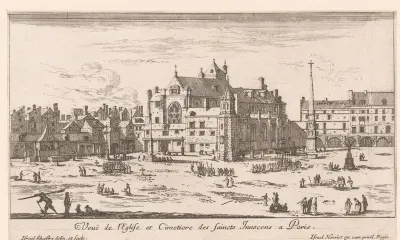 Gezicht op de kerk en het kerkhof van Saints-Innocents