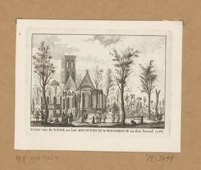 Gezicht op de kerk en het rechthuis van Hilversum na de brand van 1766
